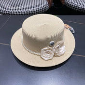 CHANEL 26S PEARL & ROSETTE STRAW BOATER HAT 337933