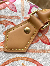 SPEEDY BANDOULIÈRE 20 IN CORAL MONOGRAM TILES CANVAS GOLD BUCKLE