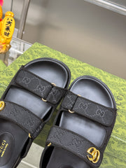 GG SANDALS IN BLACK FABRIC AND CALFSKIN WITH GOLD HARDWARE