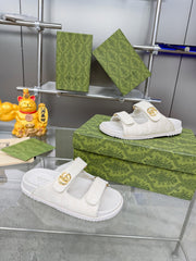 GG SANDALS IN WHITE FABRIC AND CALFSKIN WITH GOLD HARDWARE