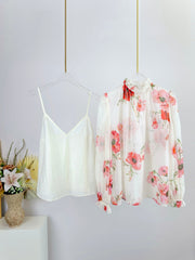 LONG-SLEEVE FLORAL PRINT CHIFFON TOP