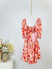 PUFF SLEEVE MINI DRESS 25S RED IN LINEN 266363