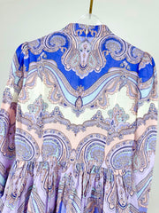 HIGH-NECK LONG-SLEEVE PRINTED DRESS IN PURPLE AND YELLOW