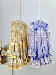 HIGH-NECK LONG-SLEEVE PRINTED DRESS IN PURPLE AND YELLOW