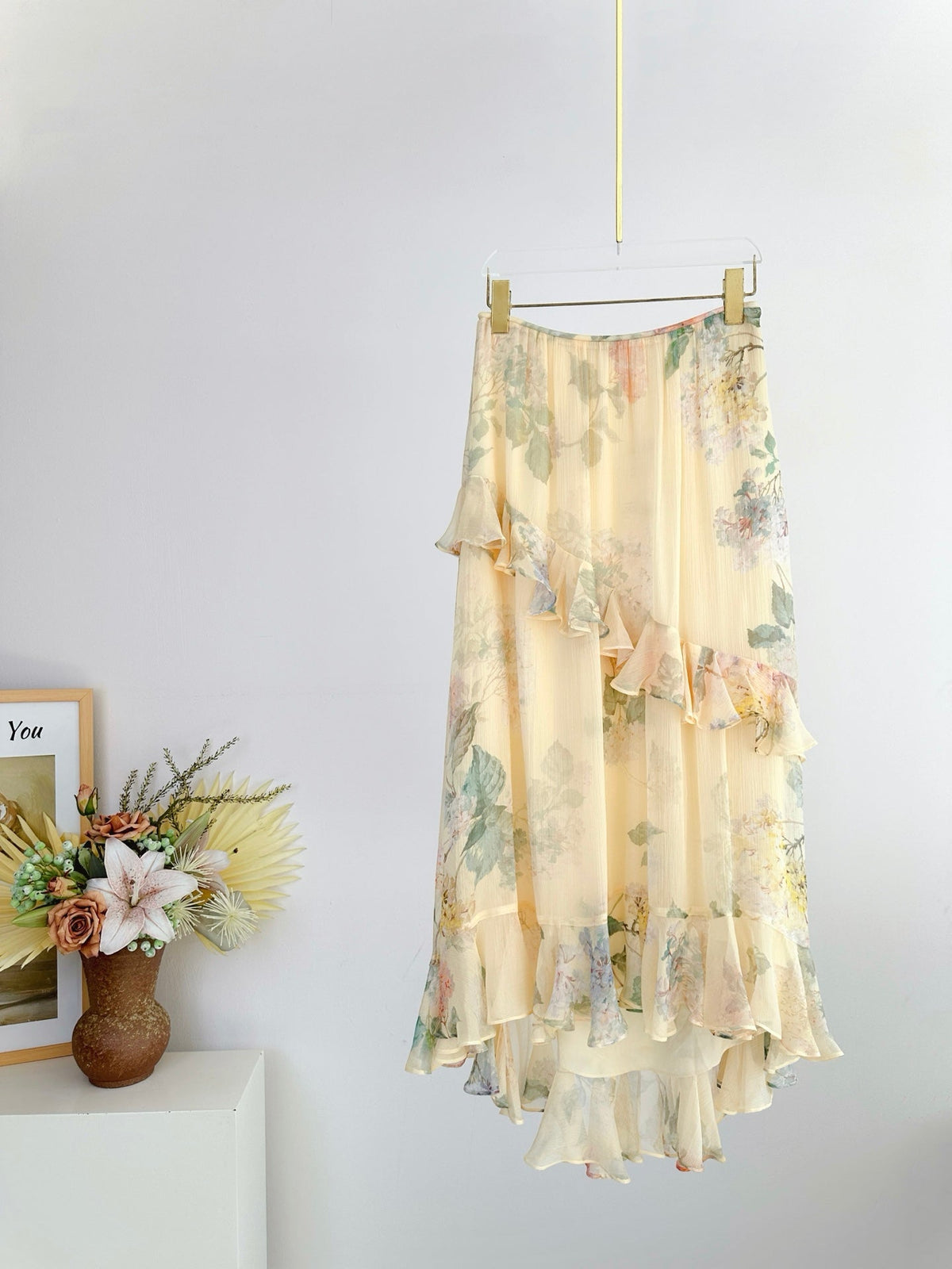 RUFFLED CHIFFON SKIRT IN WARM BEGIE