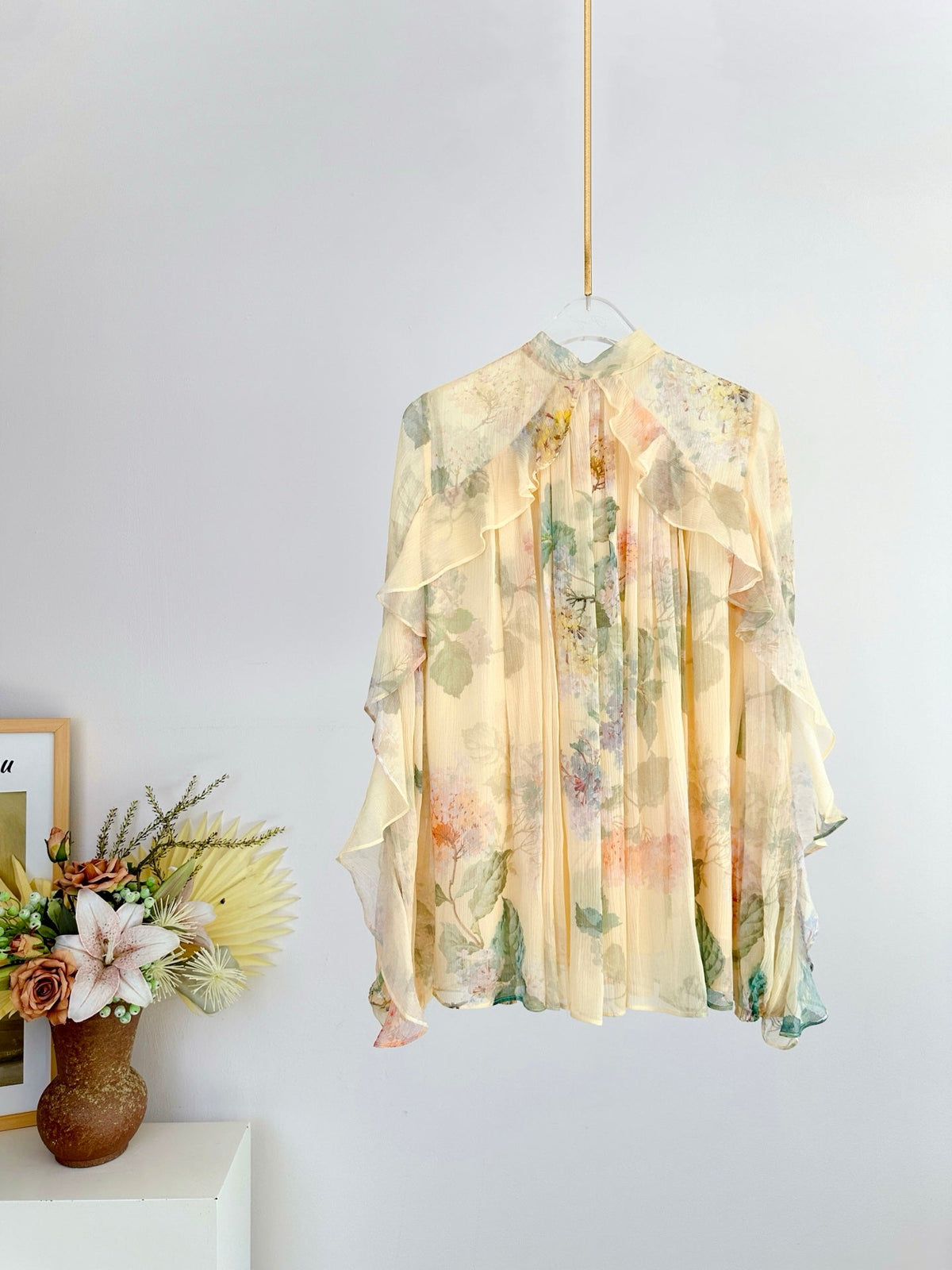 SHEER CHIFFON BLOUSE IN WARM BEIGE WITH RUFFLED COLLAR AND BOW
