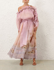 ZIMMER SILK MIDI DRESS IN PASTEL BLUE-GREEN AND LIGHT PURPLE