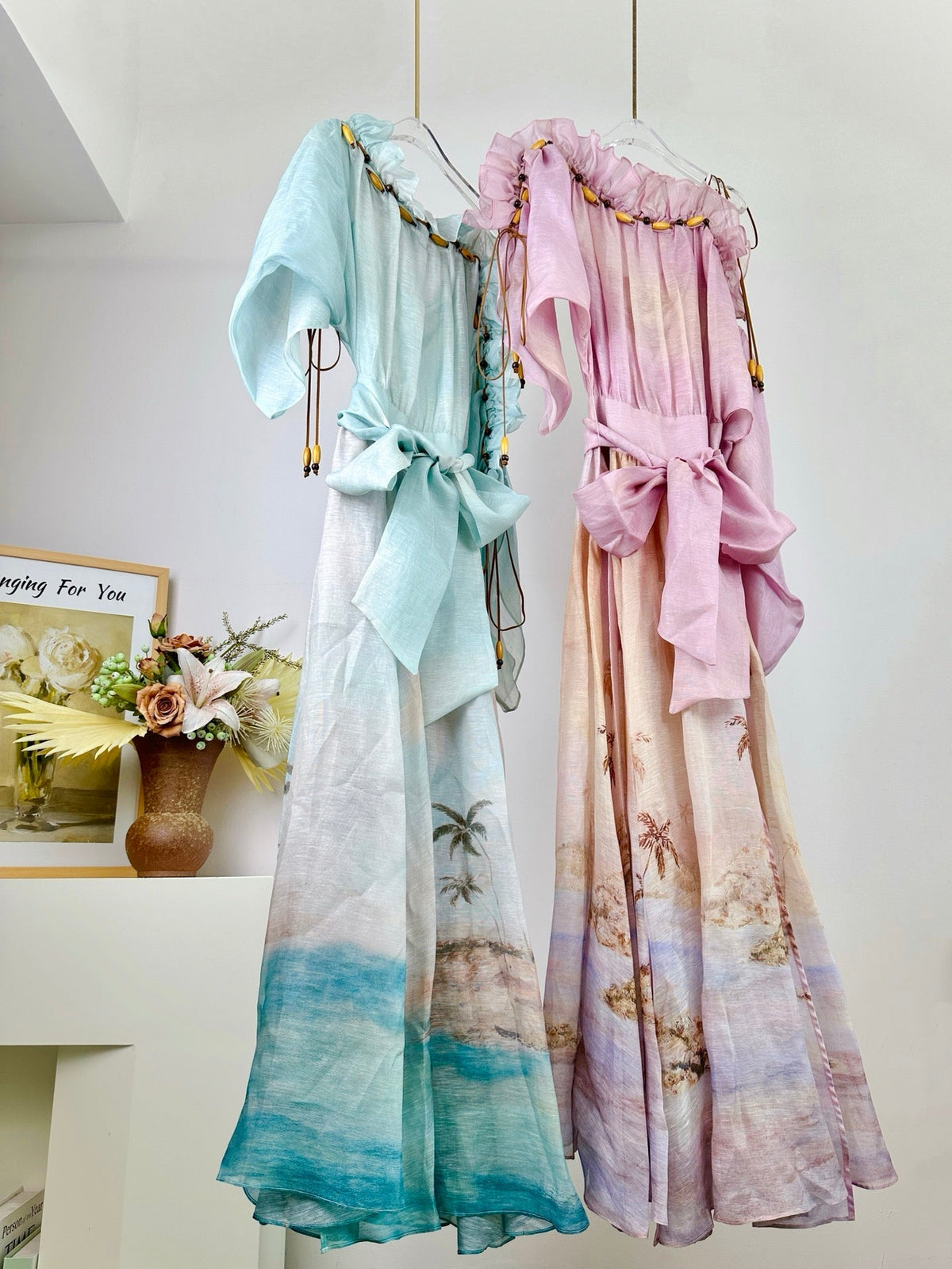 ZIMMER SILK MIDI DRESS IN PASTEL BLUE-GREEN AND LIGHT PURPLE