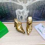 ALFIE LEATHER HIGH MULES IN GOLD PATENT CALFSKIN WITH WOVEN DESIGN