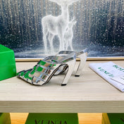 ALFIE LEATHER HIGH MULES IN SILVER PATENT CALFSKIN WITH WOVEN DESIGN