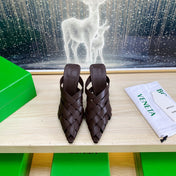 ALFIE LEATHER HIGH MULES IN CHOCOLATE BROWN CALFSKIN WITH WOVEN DESIGN