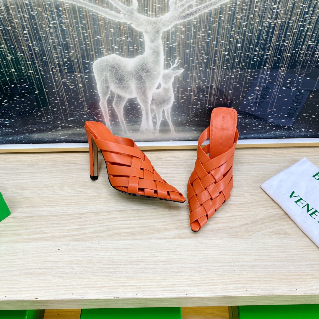ALFIE LEATHER HIGH MULES IN VIVID ORANGE CALFSKIN WITH WOVEN DESIGN