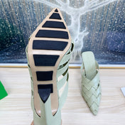 ALFIE LEATHER HIGH MULES IN PEARL GRAY CALFSKIN WITH WOVEN DESIGN