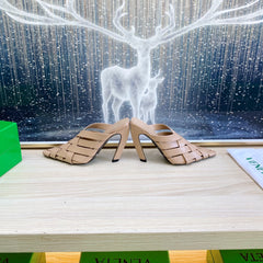 ALFIE LEATHER HIGH MULES IN CAMEL BEIGE CALFSKIN WITH WOVEN DESIGN