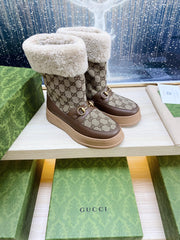 HORSEBIT ANKLE BOOTS WITH MERINO TRIM IN BEIGE JACQUARD FABRIC MIX BROWN CALFSKIN