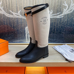 KNEE HIGH BOOTS IN BLACK CALFSKIN AND WHITE FABRIC