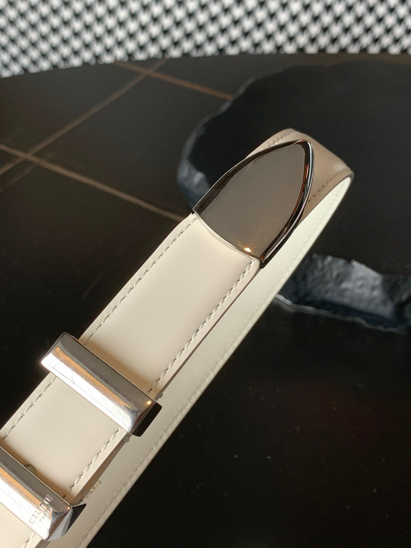 BELT 25MM MEDIUM WESTERN IN IVORY CALFSKIN SILVER GREY BUCKLE