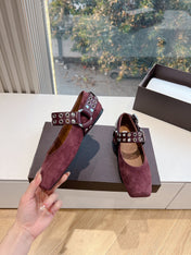ALAIA 26S FLATS IN DARK RED SUEDE WITH SILVER STUD STRAP