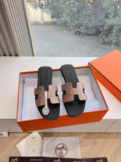 0RAN SLIDE IN PENNY BROWN CALFSKIN WITH CRYSTALS