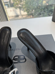 CRYSTAL BUCKLE BLACK WAX-OIL SHEEPSKIN HEELED MULES