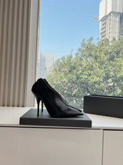 ZIPPER POINTED-TOE HIGH PUMPS IN BLACK WAX-OIL SHEEPSKIN