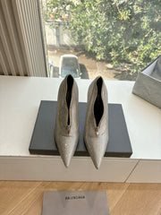 ZIPPER POINTED-TOE HIGH PUMPS IN BEIGE SUEDE ATTACHED SILVER CRYSTAL