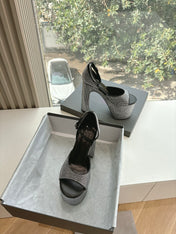 PLATFORM ANKLE STRAP HEELS IN BLACK ATTACHED RHINESTONES CALFSKIN