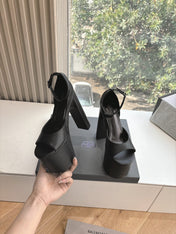 PLATFORM ANKLE STRAP HEELS IN BLACK SMOOTH CALFSKIN