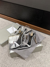 PADLOCK POINTY NAKED SANDAL 85 MM IN SILVER CALFSKIN