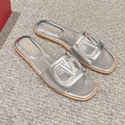 VLOGO CUT-OUT SILVER CALFSKIN SLIDE SANDAL