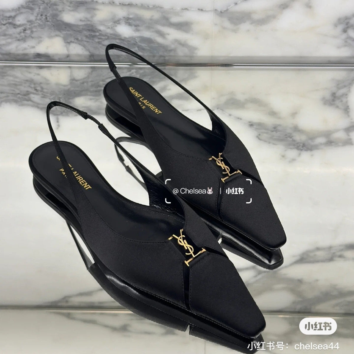SL BABYLONE SLINGBACK FLAT BLACK SATIN CREPE