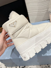 MONOLITH ANKLE BOOTS WITH STRAP IN RICE WHITE CALFSKIN AND FLEECE LINING