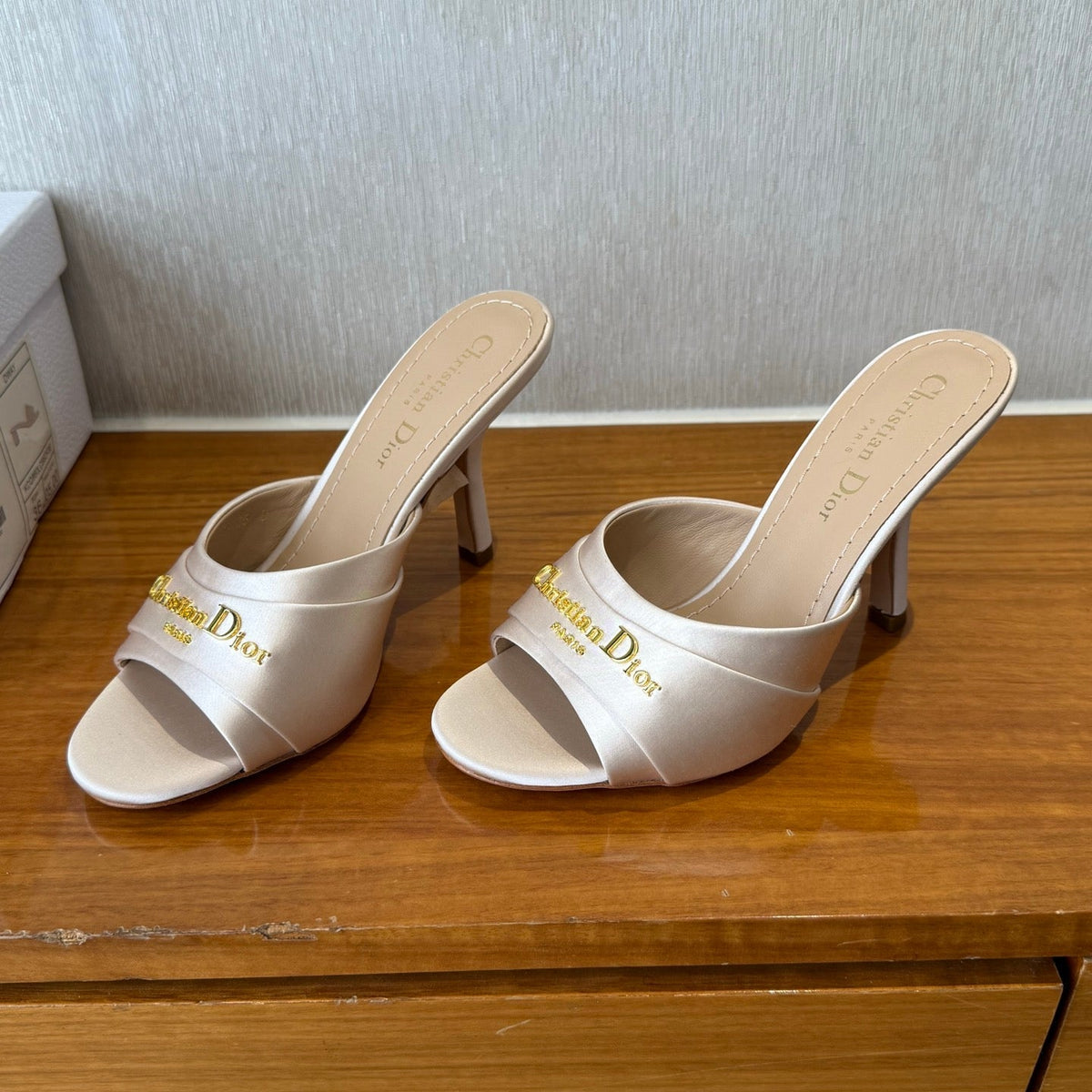 PEEP TOE SANDAL 25S HEELS 10CM IN PALE PINK BEIGE SATIN