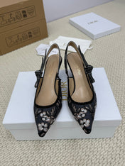 DIOR HIGH SLINGBACK 65 MM 25S IN BLACK FABRIC AND FLORAL PATTERN