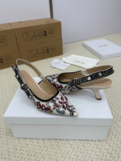 DIOR HIGH SLINGBACK 65 MM 25S IN WHITE FABRIC AND FLORAL PATTERN