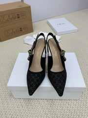 DIOR HIGH SLINGBACK 100 MM 25S IN BLACK FABRIC AND BRAND NAME EMBROIDERY