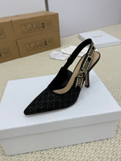 DIOR HIGH SLINGBACK 100 MM 25S IN BLACK FABRIC AND BRAND NAME EMBROIDERY