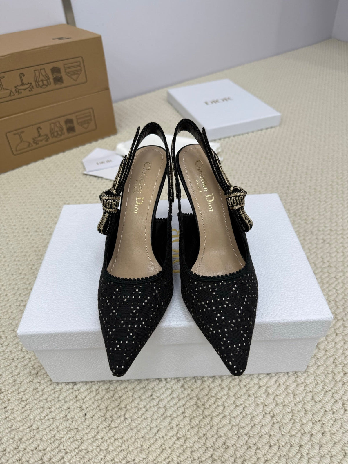 DIOR HIGH SLINGBACK 65 MM 25S IN BLACK FABRIC AND BRAND NAME EMBROIDERY