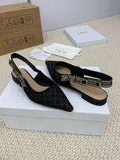 DIOR FLAT SLINGBACK 25S IN BLACK FABRIC AND BRAND NAME EMBROIDERY