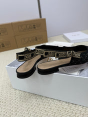 DIOR FLAT SLINGBACK 25S IN BLACK FABRIC AND BRAND NAME EMBROIDERY