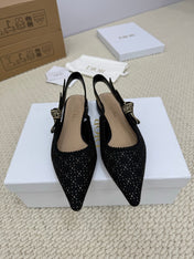 DIOR FLAT SLINGBACK 25S IN BLACK FABRIC AND BRAND NAME EMBROIDERY