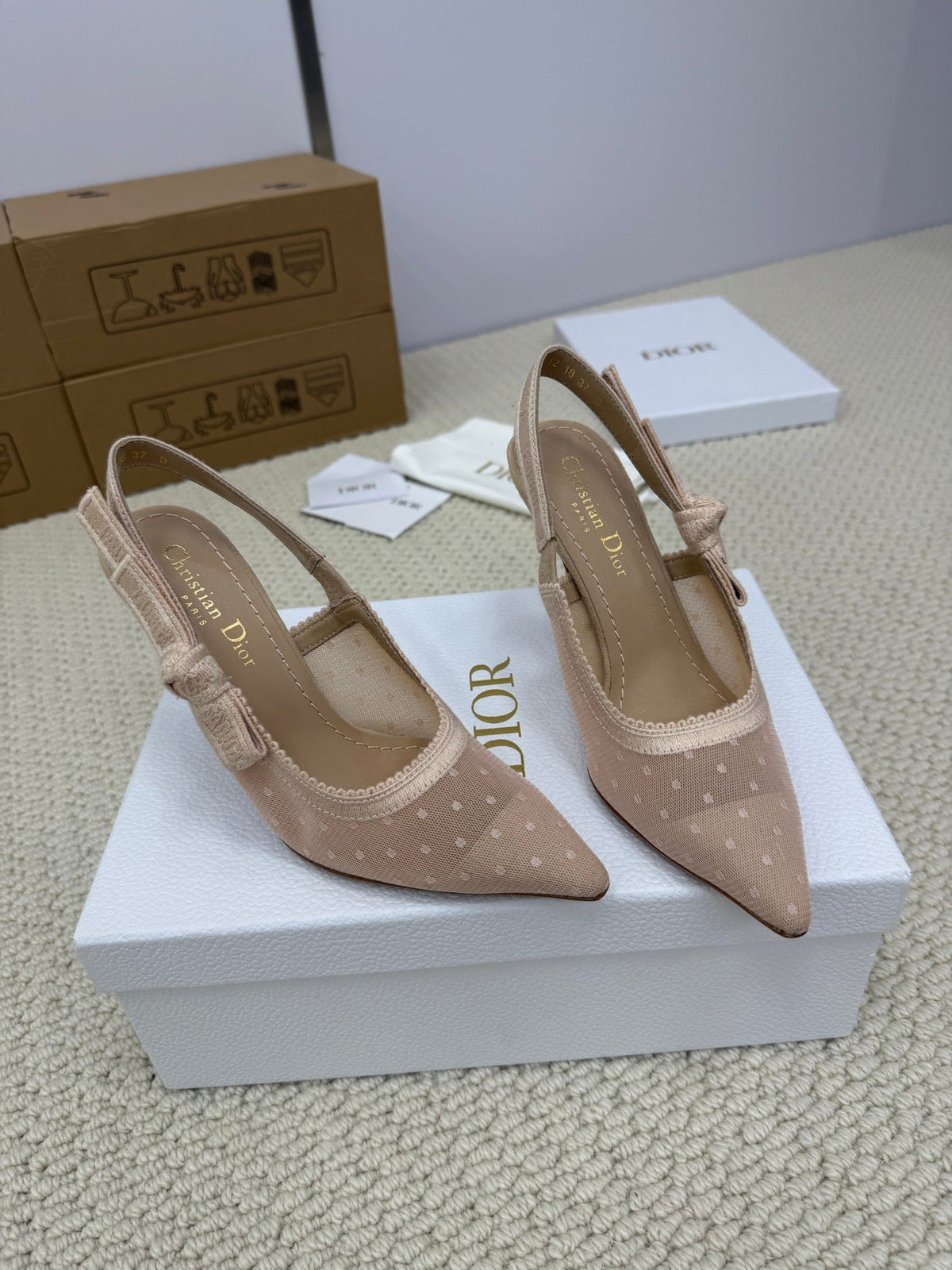 DIOR HIGH SLINGBACK 100 MM 25S IN NUDE LACE NET FABRIC AND SUEDE