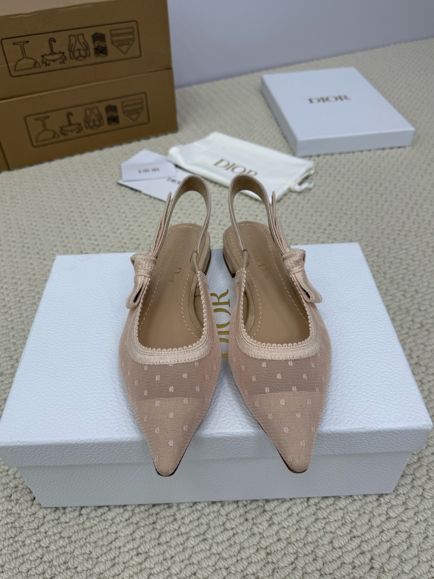 DIOR FLAT SLINGBACK 25S IN NUDE LACE NET FABRIC AND SUEDE