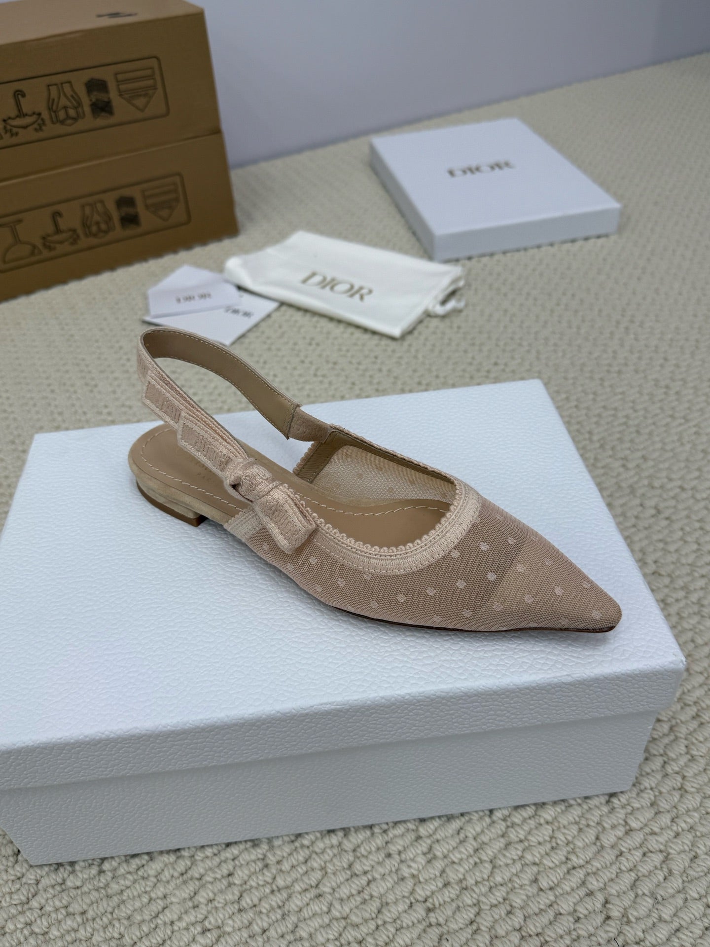 DIOR FLAT SLINGBACK 25S IN NUDE LACE NET FABRIC AND SUEDE