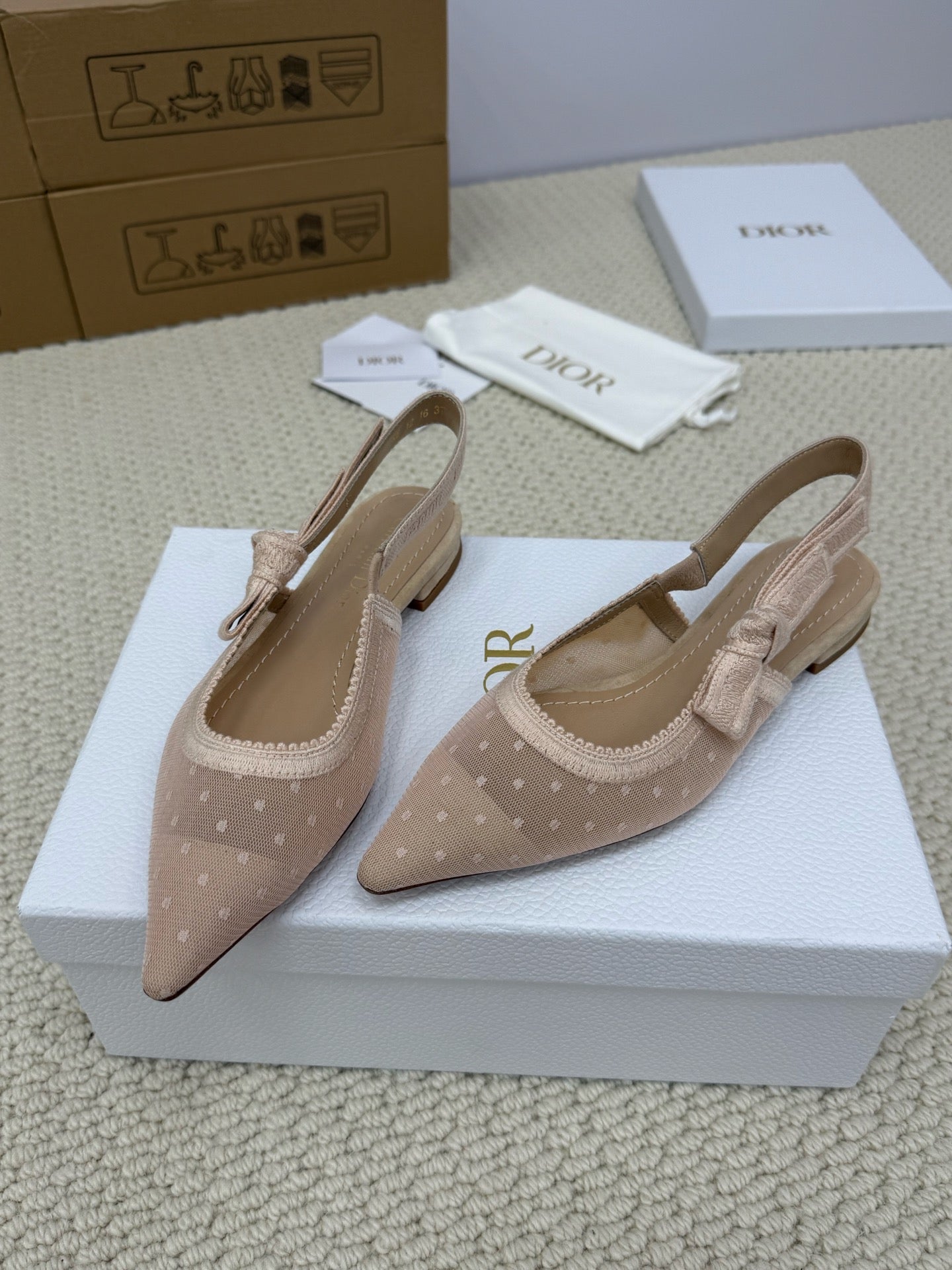 DIOR FLAT SLINGBACK 25S IN NUDE LACE NET FABRIC AND SUEDE