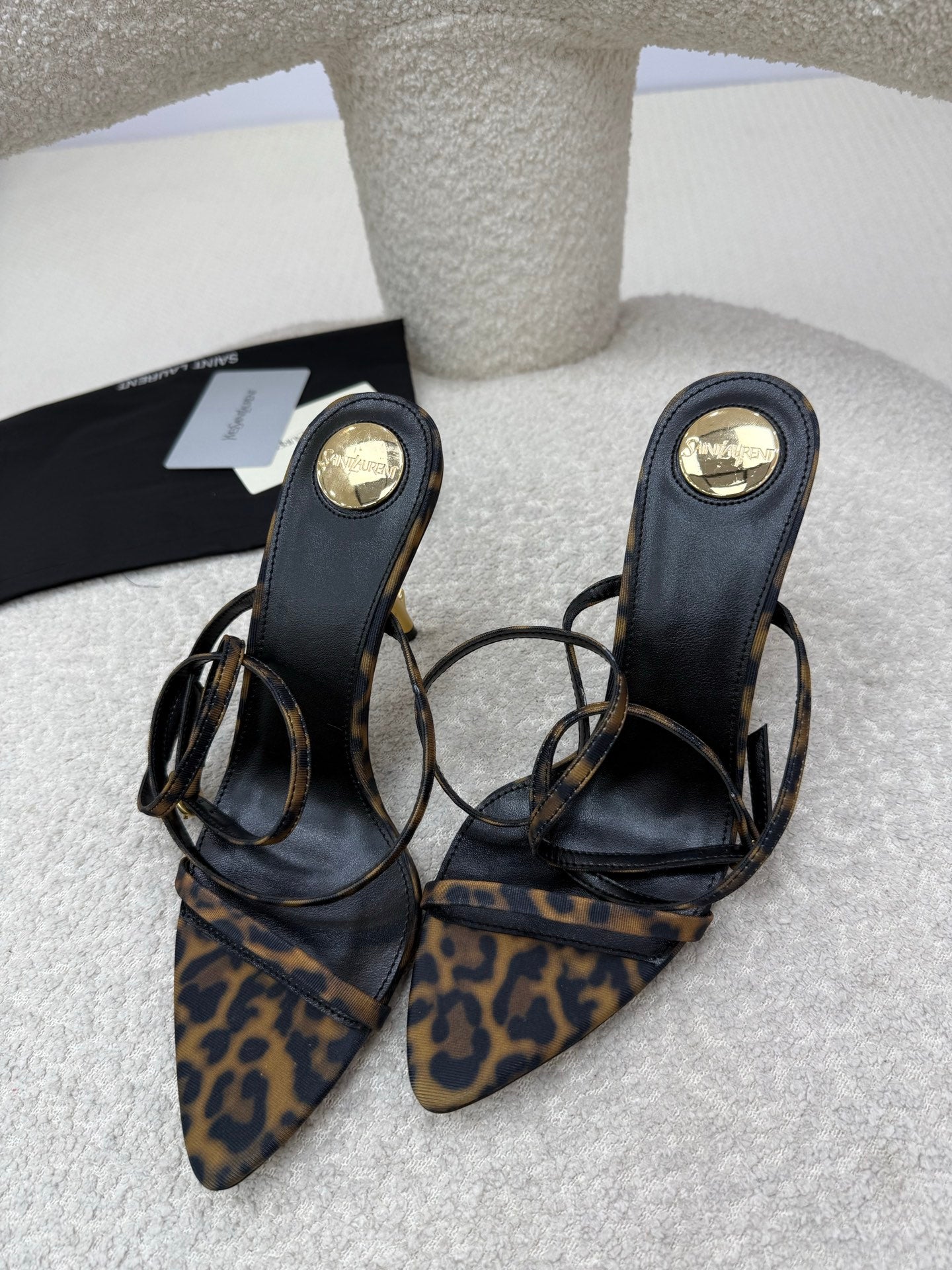 YSL 25S STRAPPY HIGH-HEEL SANDALS 95 MM IN LEOPARD PRINT LAMBSKIN