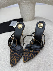 YSL 25S STRAPPY HIGH-HEEL SANDALS 95 MM IN LEOPARD PRINT LAMBSKIN