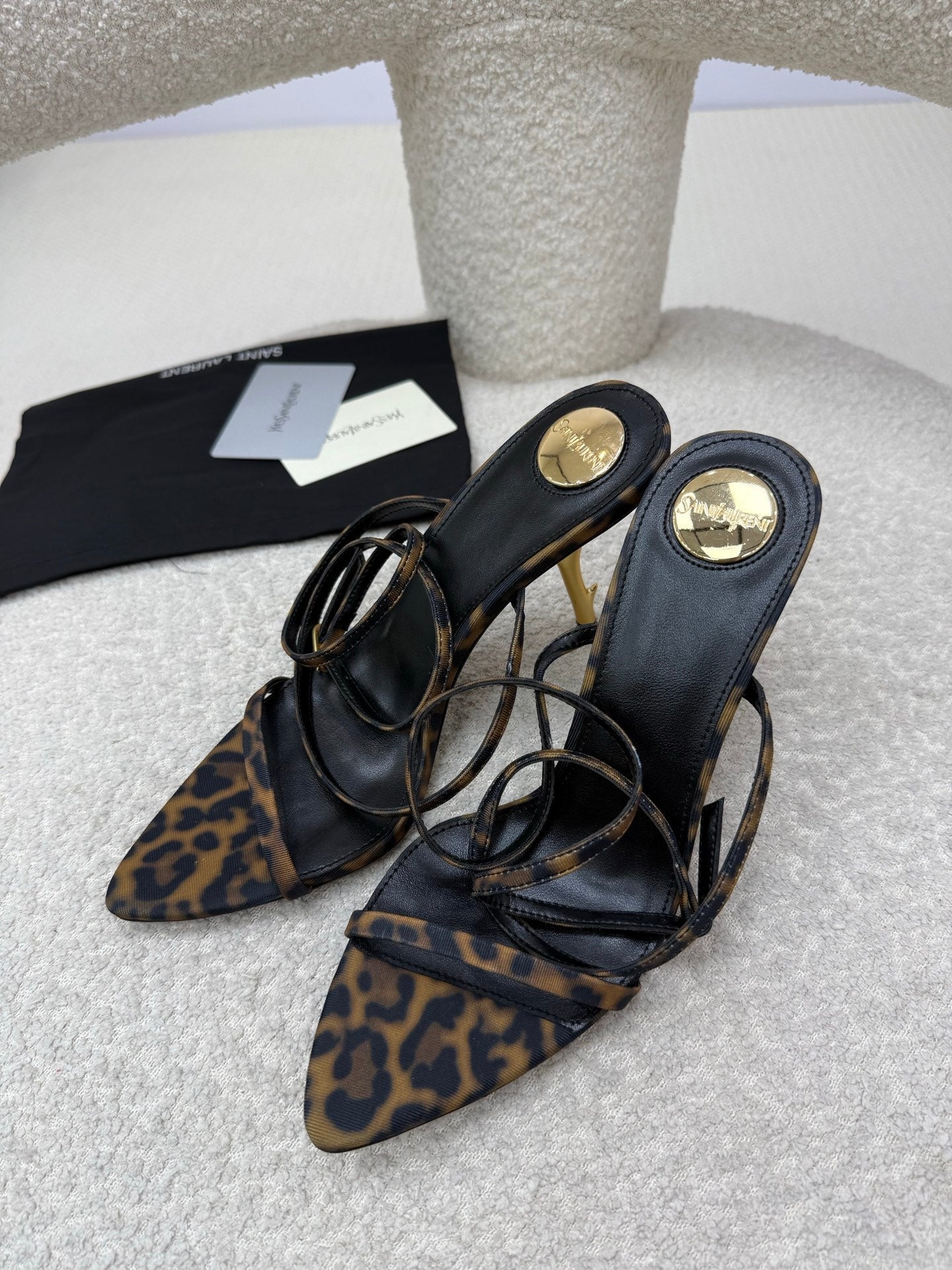 YSL 25S STRAPPY HIGH-HEEL SANDALS 95 MM IN LEOPARD PRINT LAMBSKIN