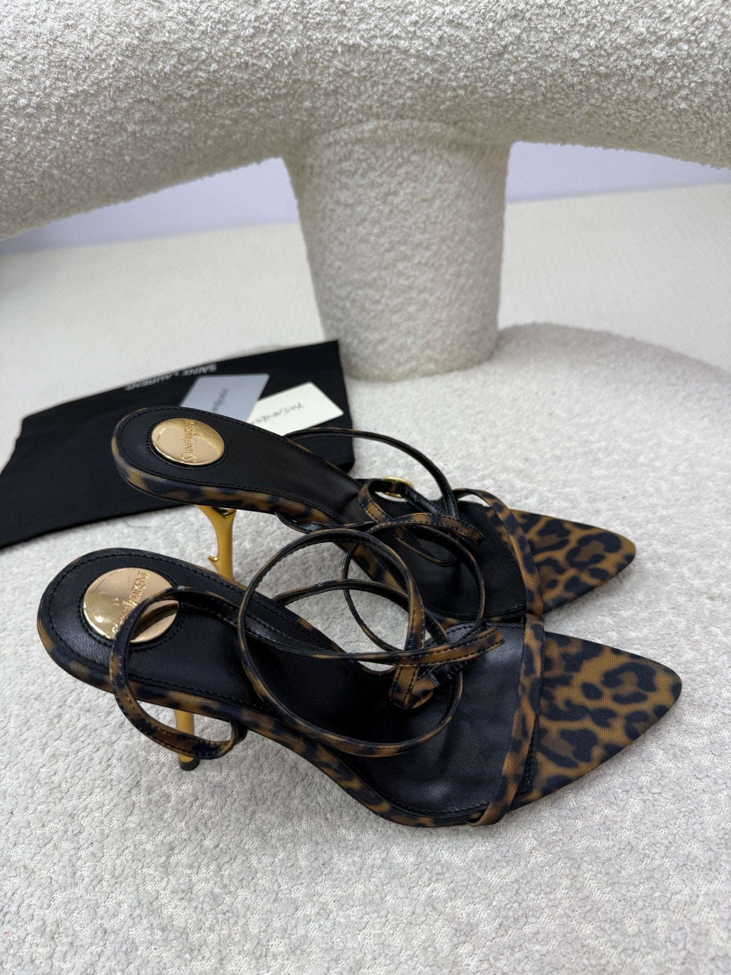 YSL 25S STRAPPY HIGH-HEEL SANDALS 95 MM IN LEOPARD PRINT LAMBSKIN