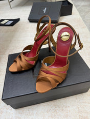 YSL 26S STRAPPY HEELED SANDALS 105 MM IN CLAY BROWN SATIN